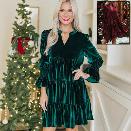 Festive Velvet Short Dress with Puffy Sleeves & Layered Skirt