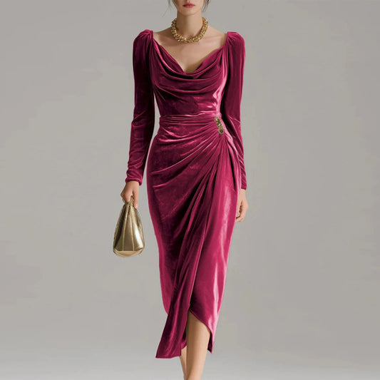 Elegant Long Sleeve Velvet Slit Dress for Women